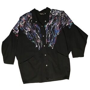 VTG Black Denim Jacket USA Made Splatter Painted Deigns By Create‎ A Sweet Inc M